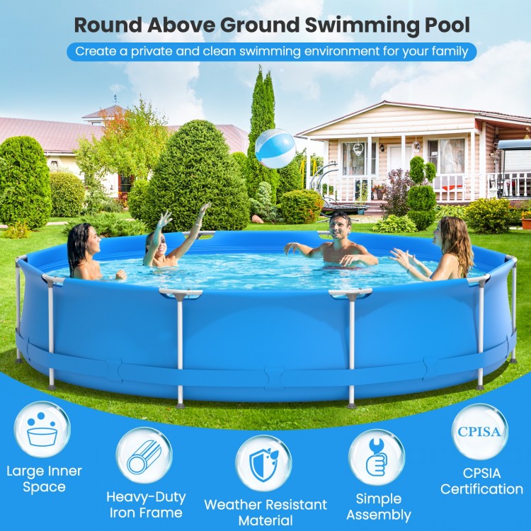 Round above ground swimming pool in blue with heavy-duty iron frame, ideal for family fun and easy assembly.