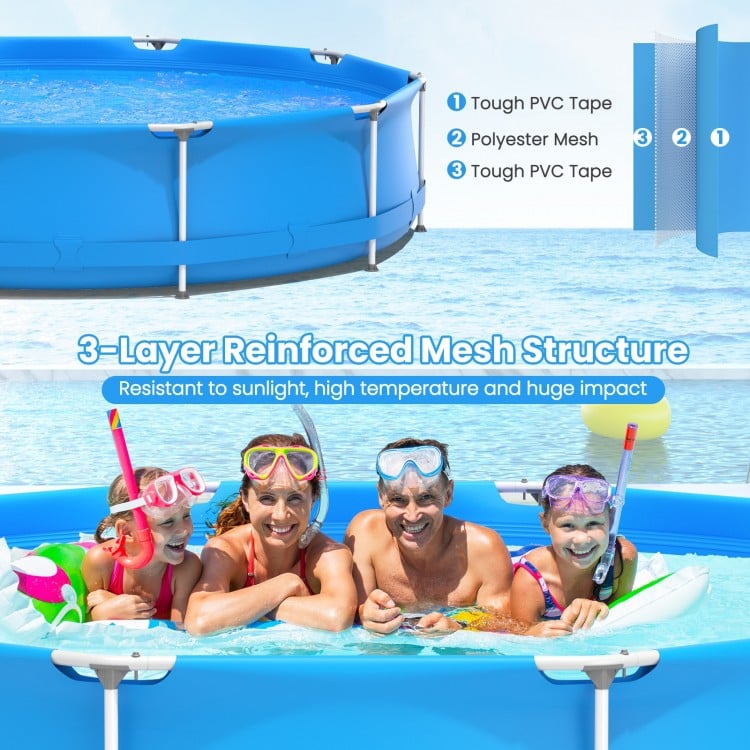 Round above ground swimming pool with durable 3-layer fabric and solid iron structure, perfect for family fun in summer.