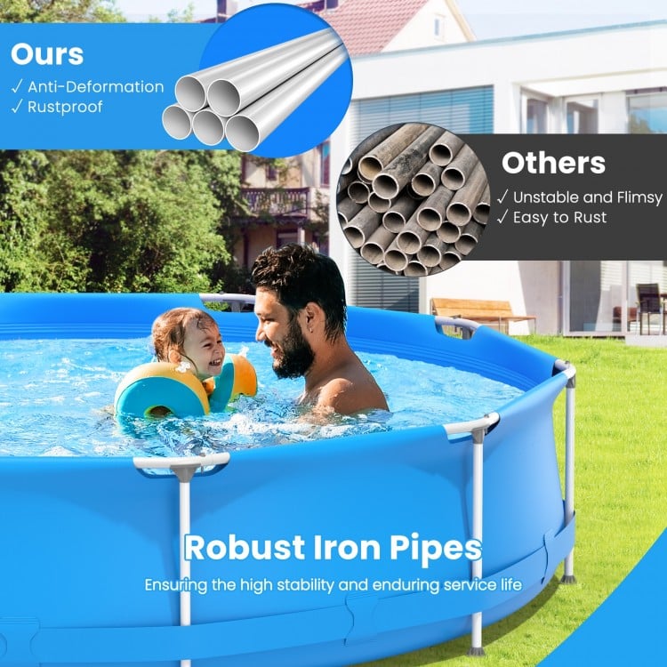 Round above ground swimming pool with robust iron pipes, showcasing stability and durability for summer fun.