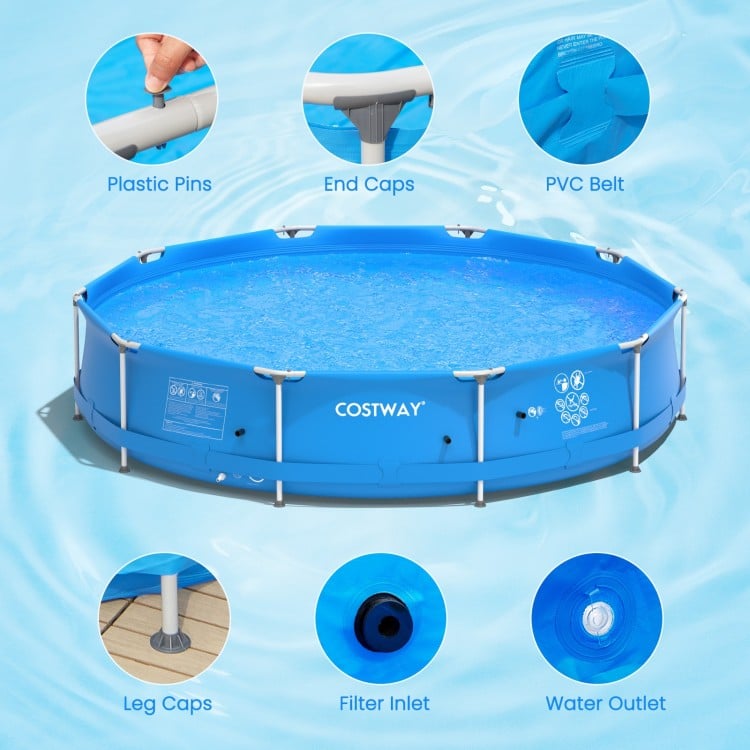 Round above ground swimming pool in blue with durable PVC fabric, featuring a solid iron structure and pool cover.