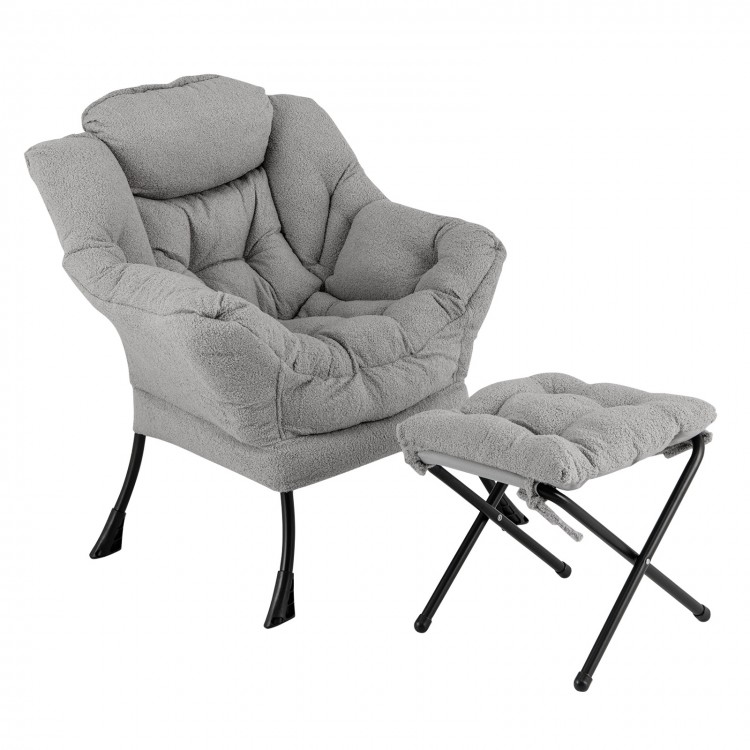 Gray modern accent chair with folding footrest, soft head pillow, and ergonomic design for ultimate relaxation.