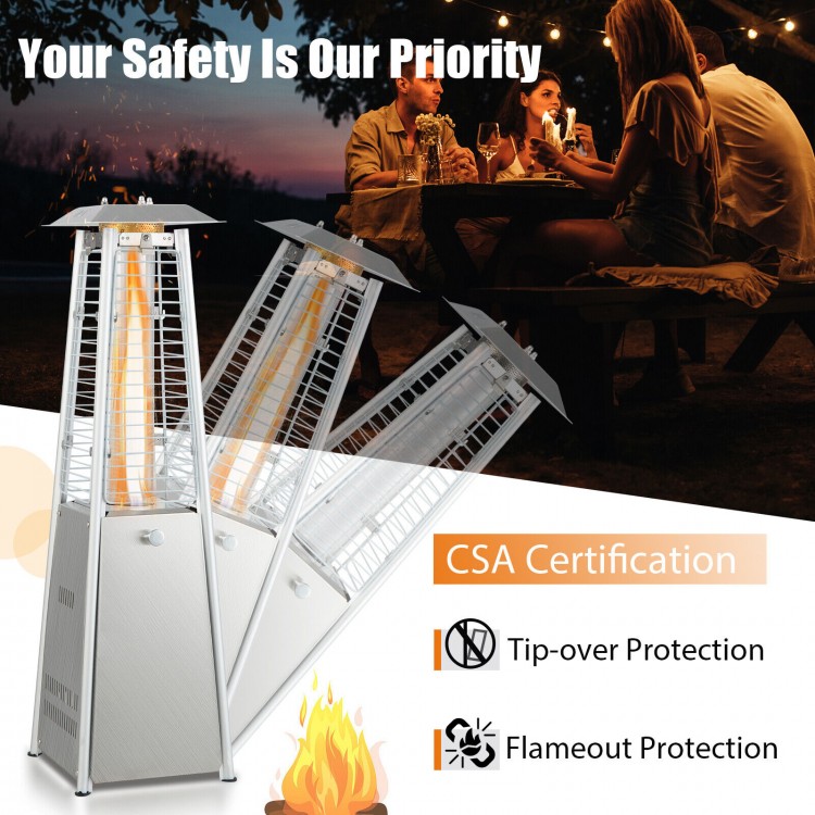 Portable stainless steel tabletop patio heater with glass tube, 10,000 BTU, CSA certified for outdoor use.