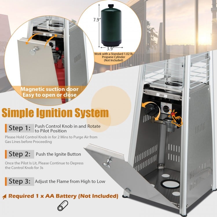 Compact 10,000 BTU stainless steel tabletop patio heater with glass tube, adjustable flame, and simple ignition system.