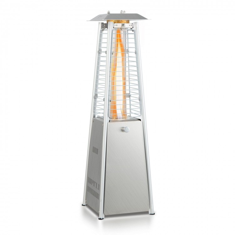 Portable stainless steel tabletop patio heater with glass tube, 10,000 BTU, 360° heating for outdoor use.