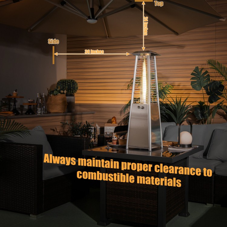 Portable stainless steel tabletop patio heater with glass tube, 10,000 BTU, designed for compact outdoor use.