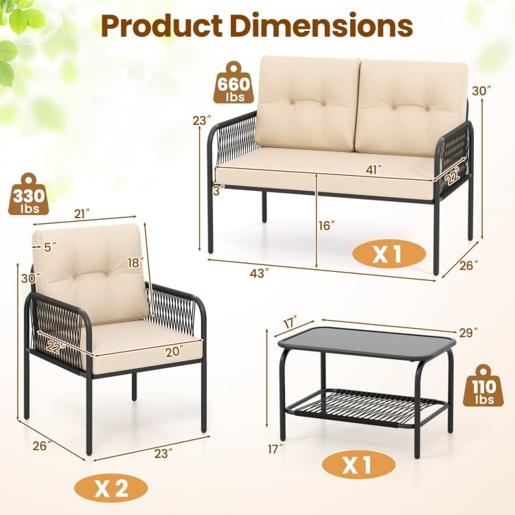 Dimensions of the 4-piece patio furniture set, including loveseat and chairs, showcasing durable PE rattan and metal.
