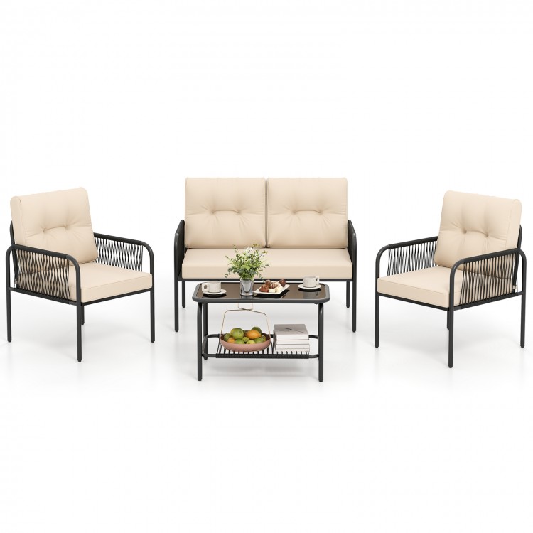 4-piece patio furniture set featuring beige PE rattan sofa chairs and loveseat with a coffee table, ideal for outdoor.