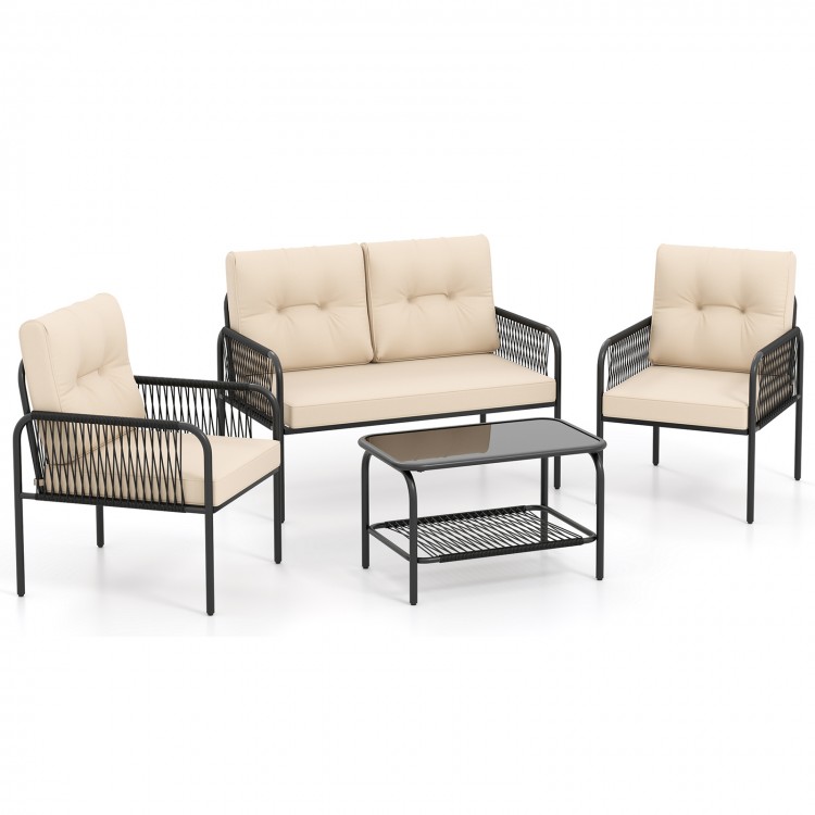 4-piece patio furniture set featuring a beige PE rattan loveseat, two chairs, and a coffee table for outdoor relaxation.
