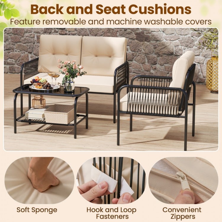 Beige 4-piece patio furniture set with PE rattan sofa, chairs, and removable cushion covers for easy cleaning.