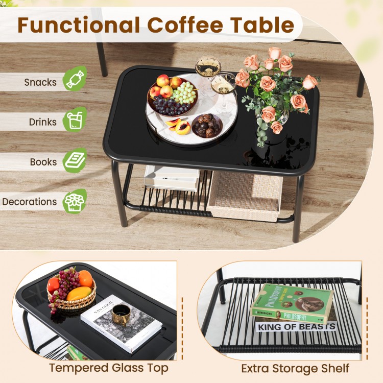 Functional coffee table with tempered glass top and extra storage shelf, ideal for outdoor essentials in patio.