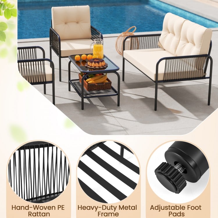 4-piece patio furniture set featuring hand-woven PE rattan chairs and loveseat with beige cushions, ideal for outdoor.