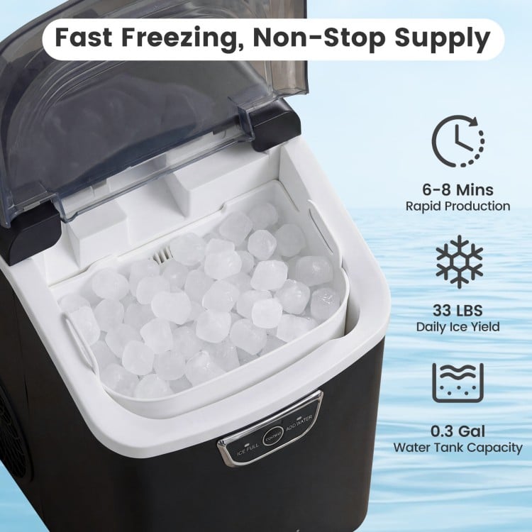 Nugget ice maker countertop in black with ice full alarm, producing 33 lbs of ice daily for rapid chilling.