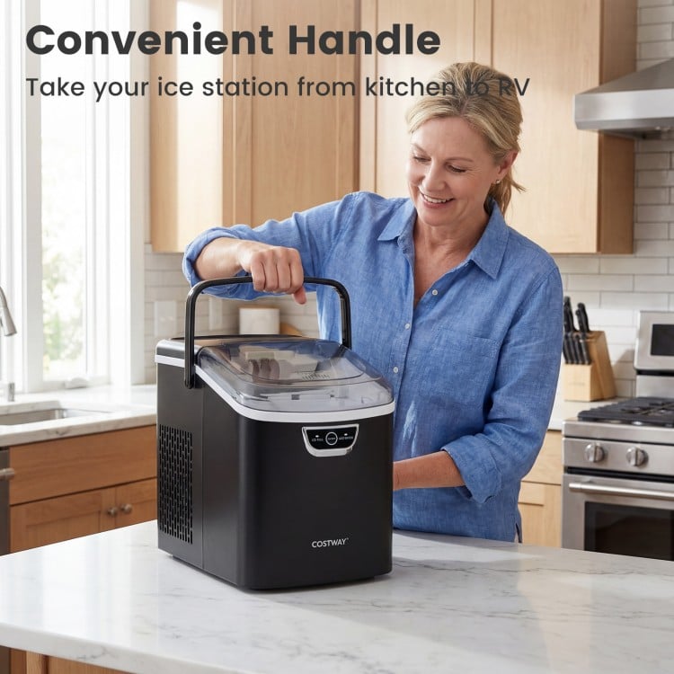 Nugget ice maker with convenient handle, featuring a sleek black design for easy transport from kitchen to RV.