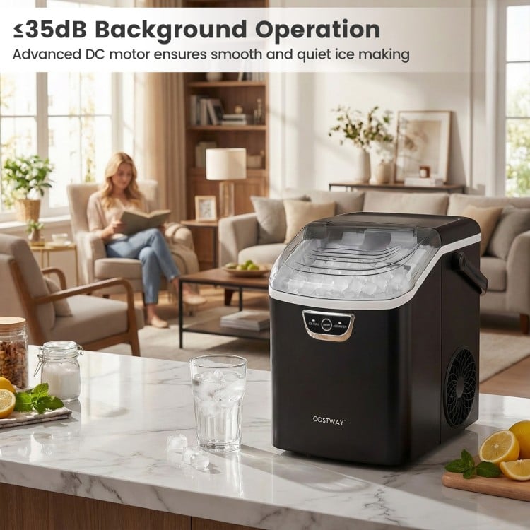 Nugget ice maker in black with a sleek design, producing 33 lbs of ice daily for quick chilling and convenience.