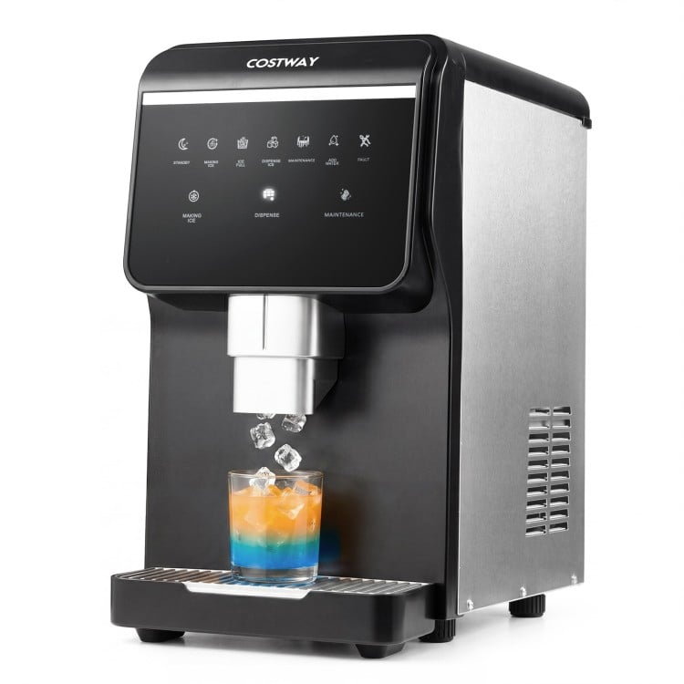 Nugget ice maker with stainless steel finish, dispensing chewable ice, producing 80 lbs daily for convenient use.