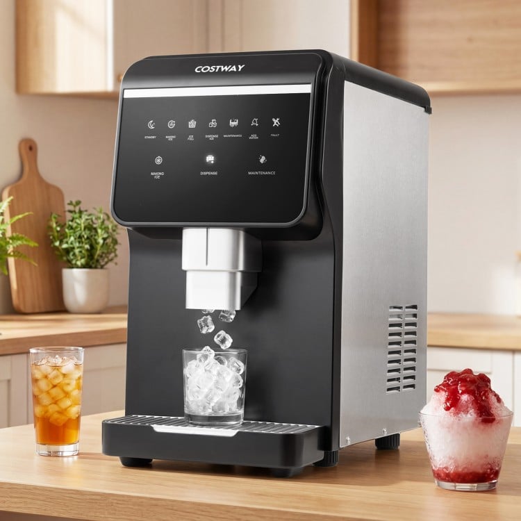 Nugget ice maker with self-dispensing feature produces 80 lbs of chewable pellet ice daily for convenient use.