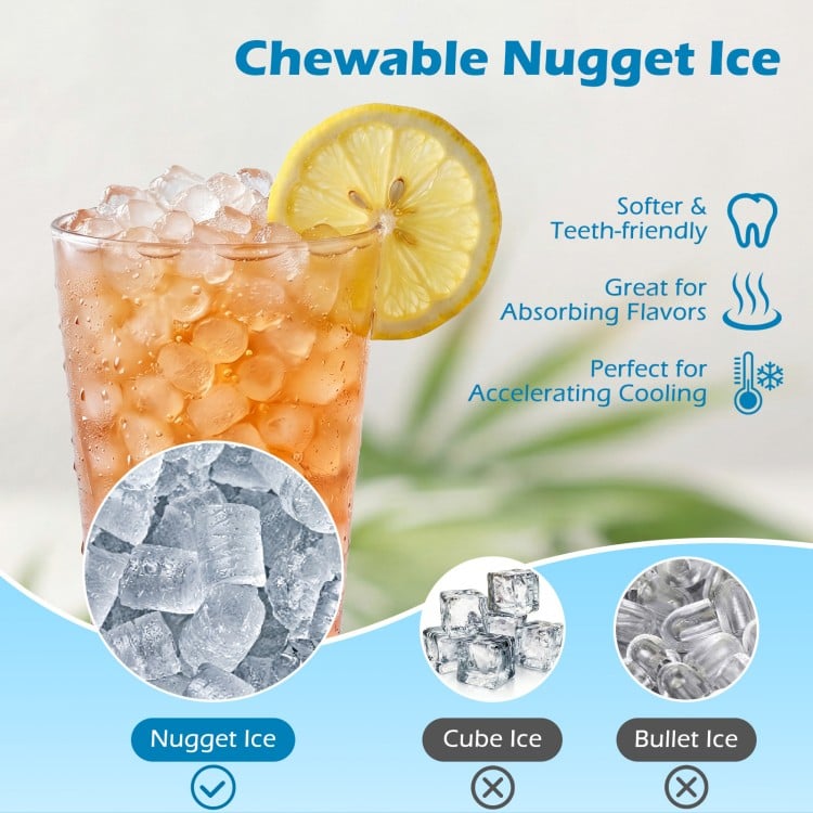 Nugget ice in a glass with lemon, showcasing chewable pellet ice from the Nugget Ice Maker for refreshing beverages.