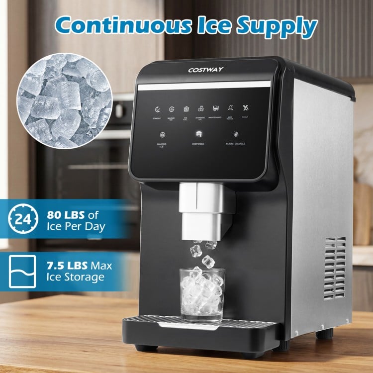 Nugget ice maker with self-dispensing feature produces 80 lbs of chewable ice daily, ideal for home or commercial use.