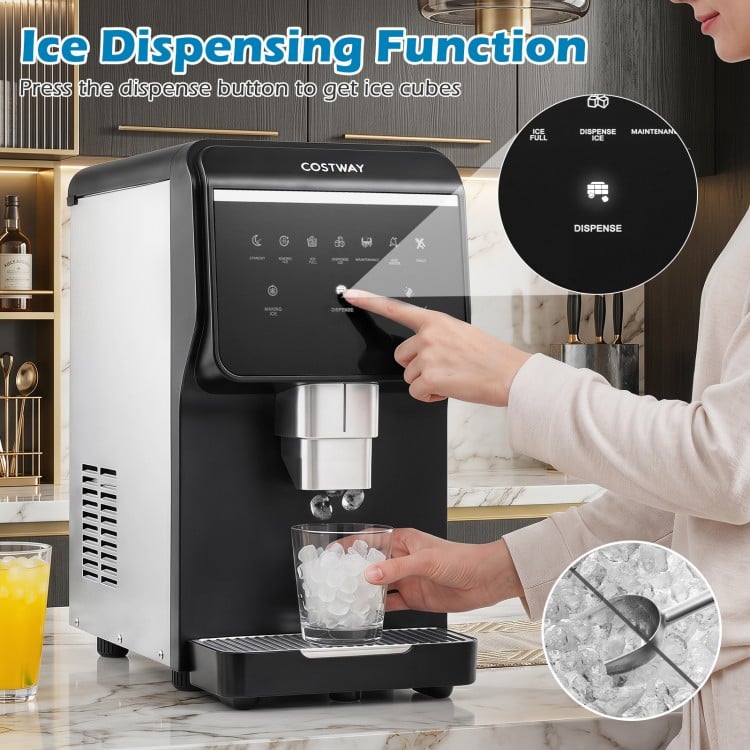 Nugget ice maker with self-dispensing feature, producing 80 lbs of chewable ice daily, ideal for home use.