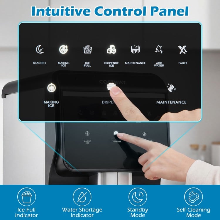 Intuitive control panel of the Nugget Ice Maker features indicators for water shortage and ice full, enhancing user convenience.