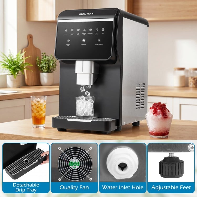Nugget ice maker with stainless steel finish, producing 80 lbs of chewable ice daily, featuring a detachable drip tray.