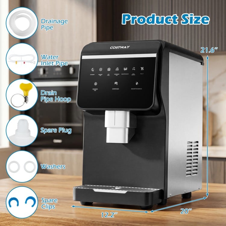 Nugget ice maker with stainless steel finish, featuring a control panel and detachable drip tray for easy cleanup.