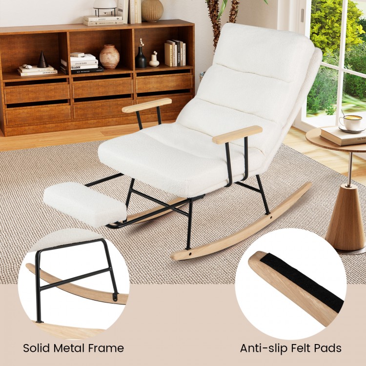 Nursery rocking chair with teddy velvet upholstery, solid metal frame, and adjustable backrest for ergonomic comfort.