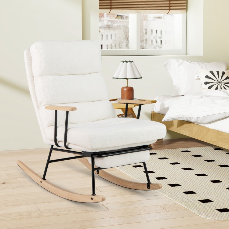 White teddy velvet upholstered nursery rocking chair with adjustable backrest and curved rubber wood feet for comfort.