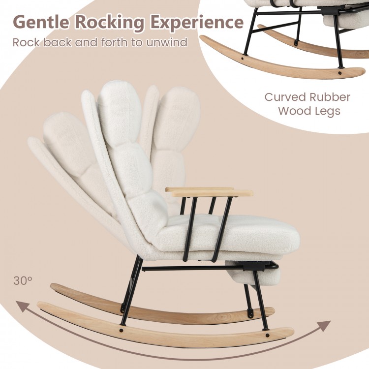Nursery rocking chair in white teddy velvet with curved rubber wood legs and adjustable backrest for ergonomic comfort.