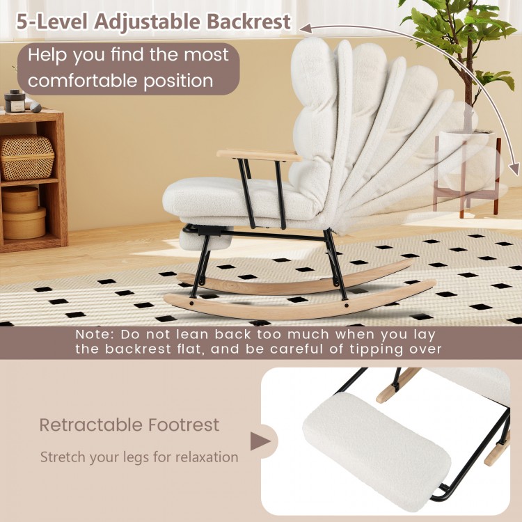 Nursery rocking chair with teddy velvet upholstery, 5-level adjustable backrest, and retractable footrest for comfort.
