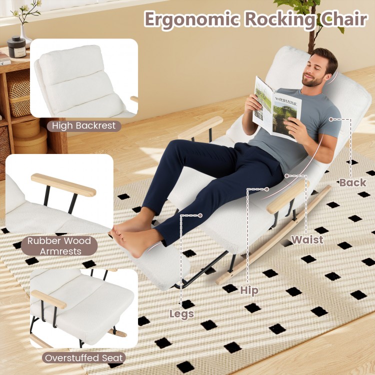 Ergonomic white teddy velvet rocking chair with high backrest, adjustable backrest, and rubber wood armrests for.