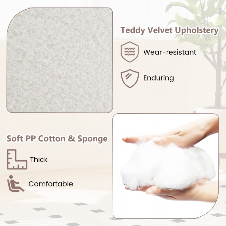 Close-up of teddy velvet upholstery on a white nursery rocking chair, showcasing its wear-resistant and comfortable.