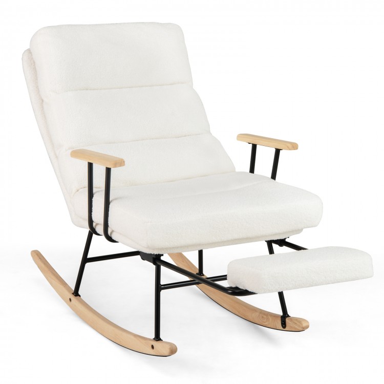 White nursery rocking chair with a retractable footrest, ergonomic design, and soft teddy velvet for ultimate.