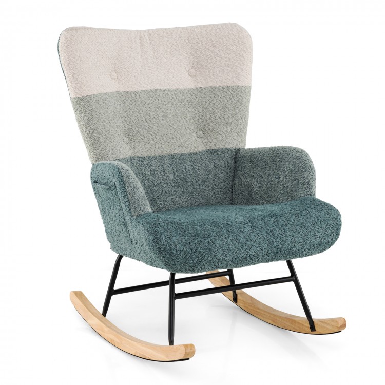 Nursery rocking chair in boucle fabric with ergonomic armrests and high backrest, perfect for living room or bedroom.
