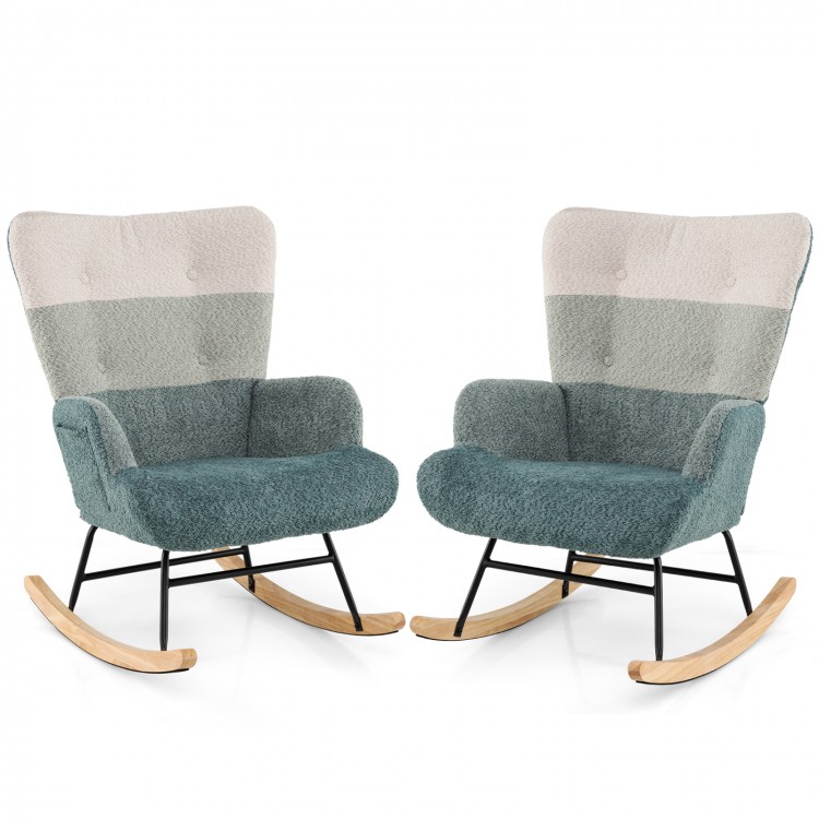Nursery rocking chair set in boucle fabric with ergonomic armrests, high backrest, and rubber wood base for safe.