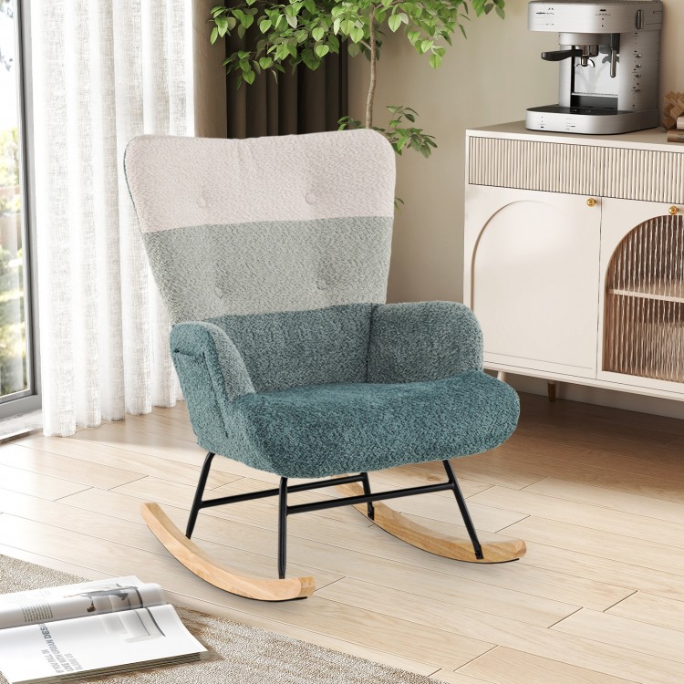 Nursery rocking chair in boucle fabric with ergonomic armrests, high backrest, and rubber wood base for ultimate.