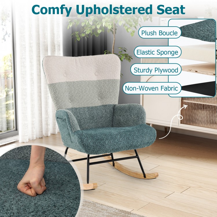 Nursery rocking chair with ergonomic armrests, plush boucle fabric, and sturdy plywood for ultimate relaxation.
