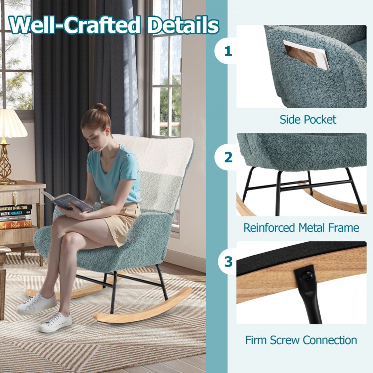 Nursery rocking chair with ergonomic armrests, boucle fabric, and side pocket, perfect for living room or bedroom.