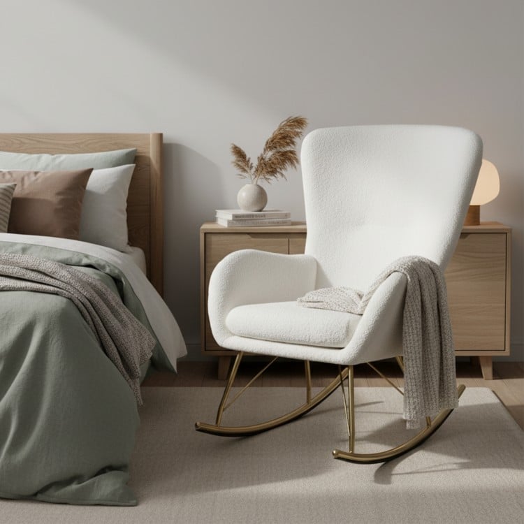 White nursery rocking chair with curved backrest and armrests, featuring teddy fleece cover and metal legs for comfort.