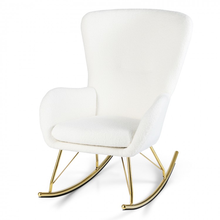 White nursery rocking chair showcasing soft teddy fleece cover and sleek gold legs, perfect for cozy living spaces.