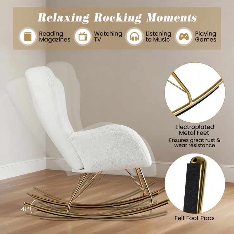 Nursery rocking chair with curved backrest, white teddy fleece cover, and electroplated metal legs for comfort and.