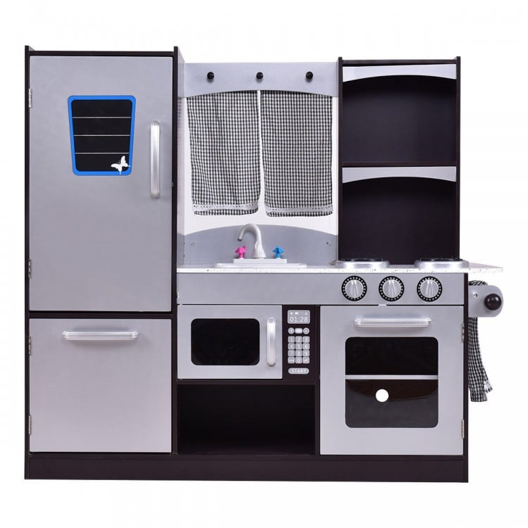 Kids wooden modern kitchen cooking pretend play set with realistic details and working knobs for imaginative play.
