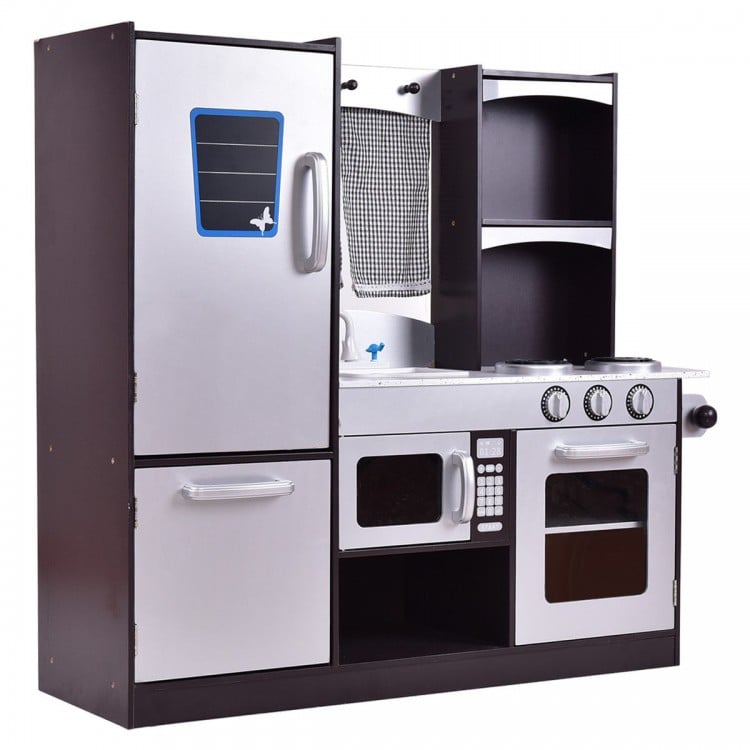 Kids wooden modern kitchen cooking pretend play set featuring a spacious fridge and shelves for organized cooking fun.