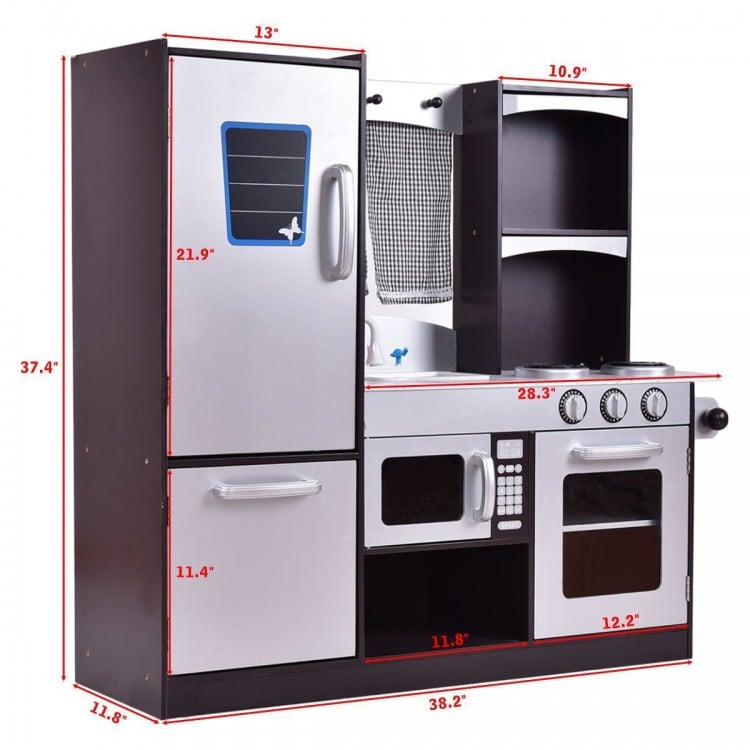 Kids wooden modern kitchen cooking play set with realistic details, working knobs, and large storage space for pretend.