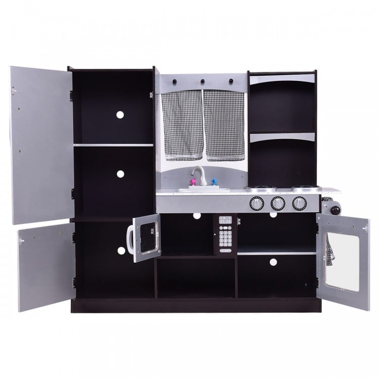 Kids wooden modern kitchen cooking pretend play set showcasing ample storage space with multiple cabinets for.