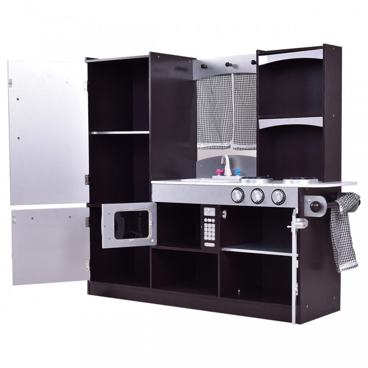 Kids wooden modern kitchen cooking pretend play set with realistic details, working knobs, and large storage space.