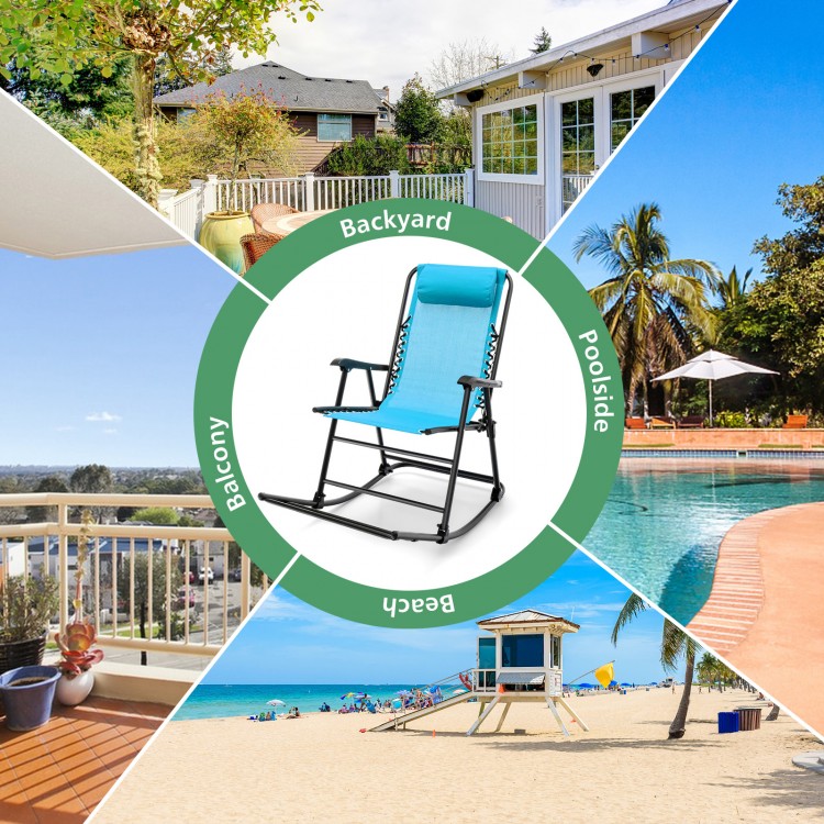 Turquoise outdoor patio headrest folding zero gravity rocking chair, ideal for backyard, poolside, or beach relaxation.