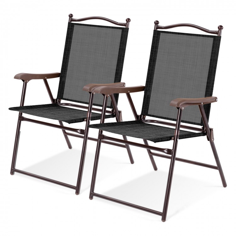 Set of 2 black patio folding chairs with steel frame and UV-resistant fabric, ideal for outdoor relaxation and camping.
