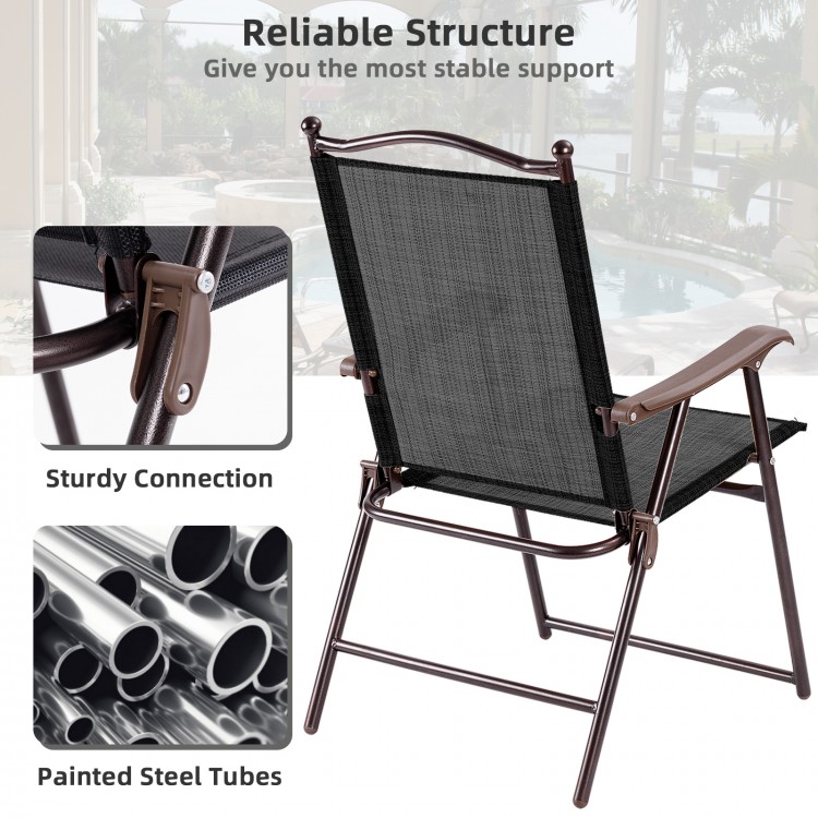 Folding sling back chair with durable textile fabric and sturdy steel frame, perfect for patio or camping use.