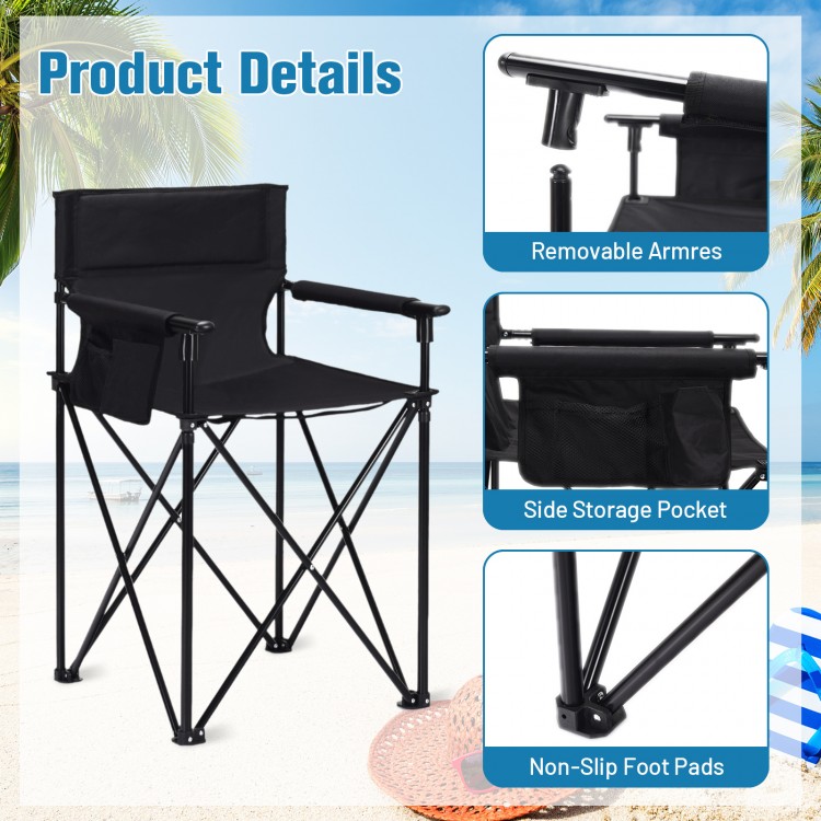 Portable oversized camping chair with detachable armrests, side pocket, and non-slip foot pads for outdoor comfort.
